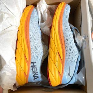 Hoka One One Clifton 8 Womens Size 7B Blue And Orange Athletic Running Shoes NEW